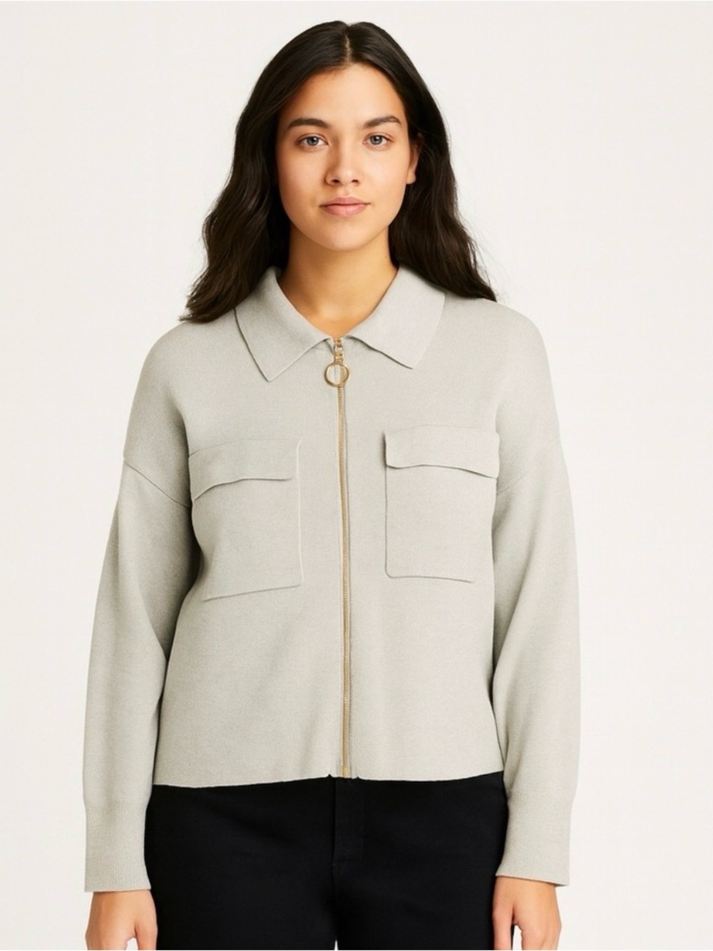 Saks Fifth Avenue Light Gray Zip-Front Knit Jacket